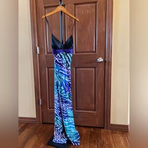 Cache Dress Maxi Satin Teal Abstract Print Purple Size 8